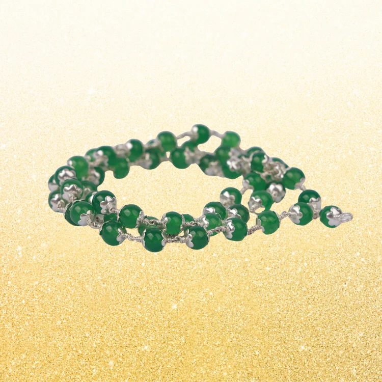 GREEN AVENTURINE ROUND BEADS SILVER CAP MALA